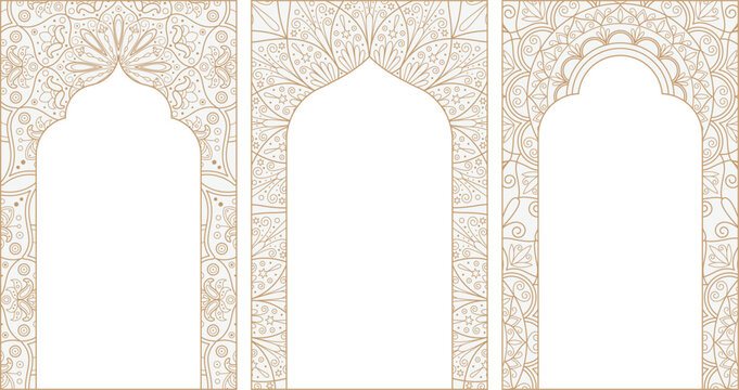 Oriental Indian mandala frame templates. Arabian patterns for invitations, cards. Hindi arch ornament