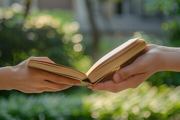 Give a Book, Share a Story: Close-up of Hand Passing Book Outdoors