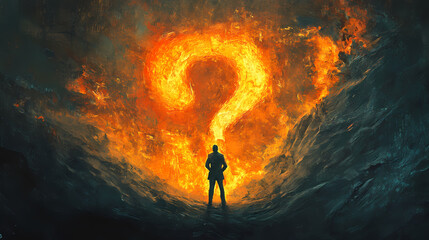 Obraz premium Burning questions: a fiery enigma in dark abyss. Enigma. Illustration