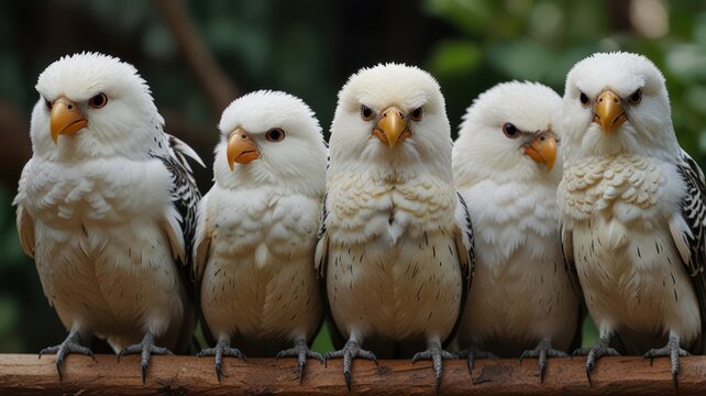 Five fluffy white parakeets perched on a wooden branch.