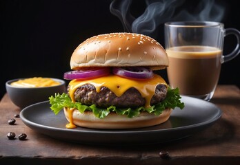 cooked cheeseburger close up isolated on black background