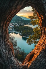 Fototapeta premium Stunning View of Cretan Lake Framed by Oak Tree Branch with Blue Sky and Greenery