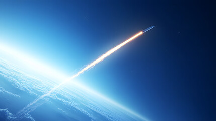A rocket piercing the atmosphere its glowing exhaust trail fading into a bright blue sky.