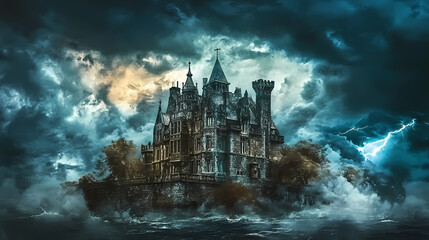 Naklejka premium Dark castle surrounded by stormy skies, fantasy. Enigma. Illustration