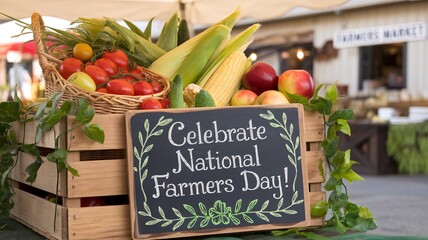 Celebrate National Farmers Day Chalkboard Sign with Fresh Produce at Outdoor Market
