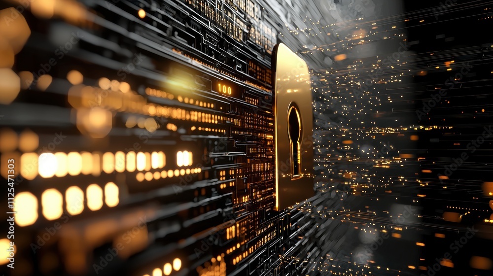 Poster cybersecurity protection digital lock concept technology environment computer screen encrypted code 