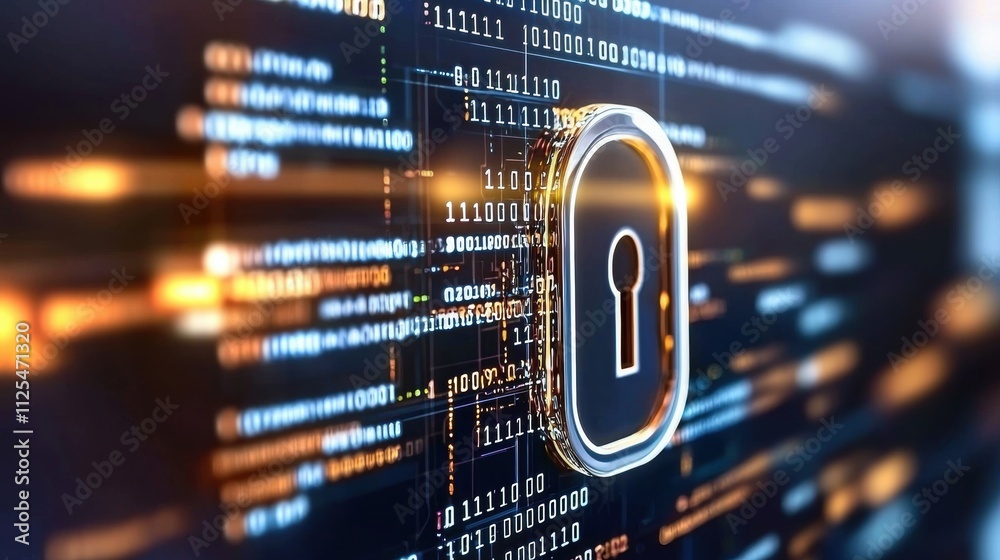 Poster cybersecurity protection lock on computer screen with encrypted code digital environment modern view