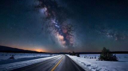 Milky Way Galaxy over Snowy Road at Night