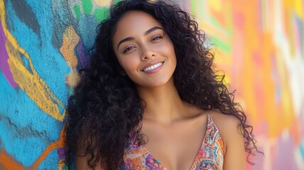 Hispanic woman with long curly hair, modern dress, confident smile