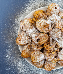 Authentic sweet Christmas French toast served with sugar and cinnamon in a Christmas atmosphere
