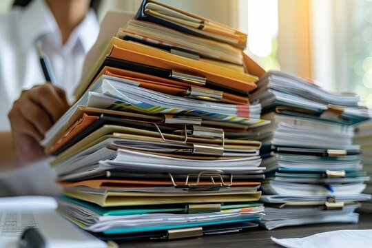 Organized Clerk Manages Pile of Tax Files and Account Documents