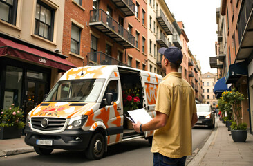 The guy is a bouquet deliverer, brought the order to the client. Documents in hand, the guy inspects the house where the customer lives.