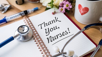 Thank You Nurses Message with Stethoscope, Notebook, and Heart Mug on Desk