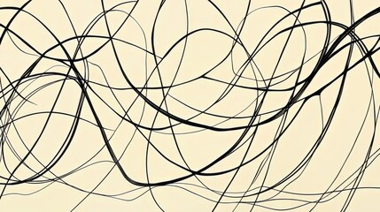 Obraz premium Dynamic abstract design of black intersecting lines on a light beige background, creating a sense of movement and energy. AI generative.