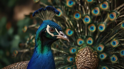 Obraz premium showy, tropical, garden, zoo, wildlife, exotic, bird, peacock, show, nature, wildlife, green, blue, brown, beautiful, eyes, spectacular, elegant, natural.