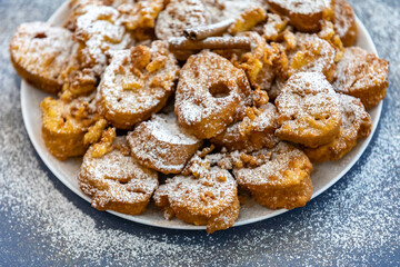 Authentic sweet Christmas French toast served with sugar and cinnamon in a Christmas atmosphere