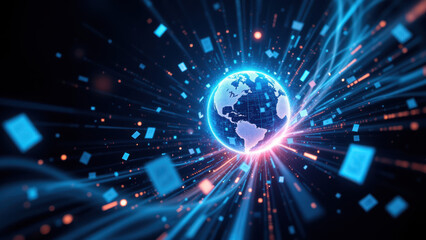 Fototapeta premium An abstract digital illustration featuring a stylized globe and particles, suggesting global connectivity or communication through technology.