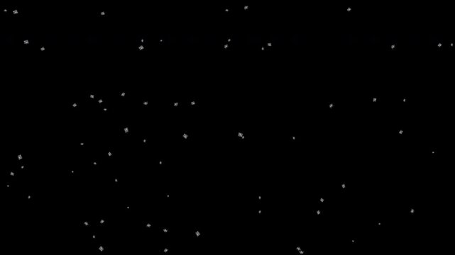 Snowfall looped video. Snow fluff slowly falling on black transparent background. Alpha channel available in 3840 2160. Use transparency mode or screen mode.