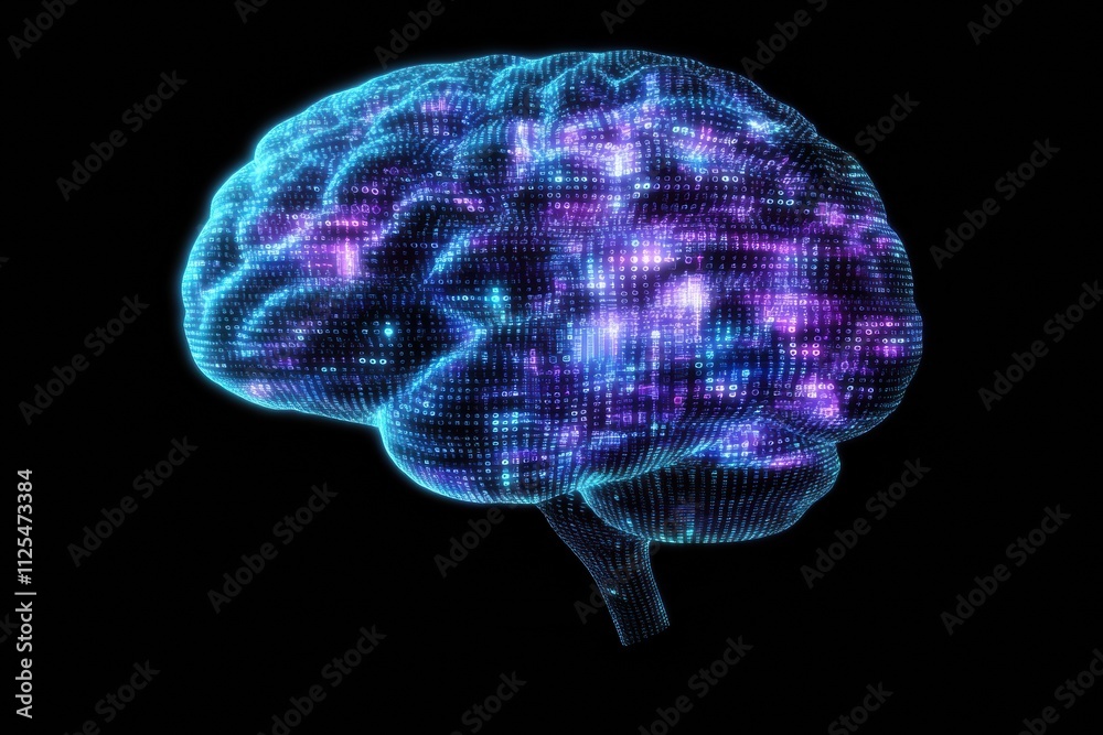 Leinwandbilder a glowing brain constructed from vibrant blue and purple grids showcases cutting-edge digital techno