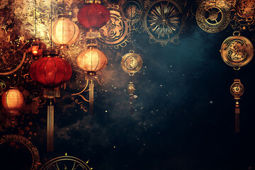 A festive Chinese New Year background featuring traditional red and gold colors, lanterns, fireworks, and intricate patterns, symbolizing prosperity and celebration


