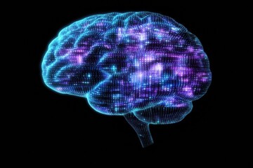 Obraz premium A glowing brain constructed from vibrant blue and purple grids showcases cutting-edge digital technology with room for additional text. Generative AI