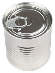Tin Can. Food sealed can. Steel and tin cans. Canned food. Metal container. Preserving can. Conserved product. Condensed milk, soup, fish, drink. Food Store. Object on isolated background
