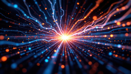 Obraz premium An image depicting a network-like structure with glowing blue and orange highlights, reminiscent of neural pathways or data transmission.