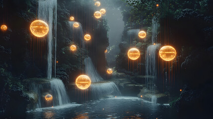 A surreal AI-generated image of a floating city with cascading waterfalls and glowing orbs.