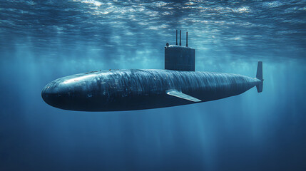 A stealthy U.S. Navy submarine cruising beneath the surface with periscope visible.