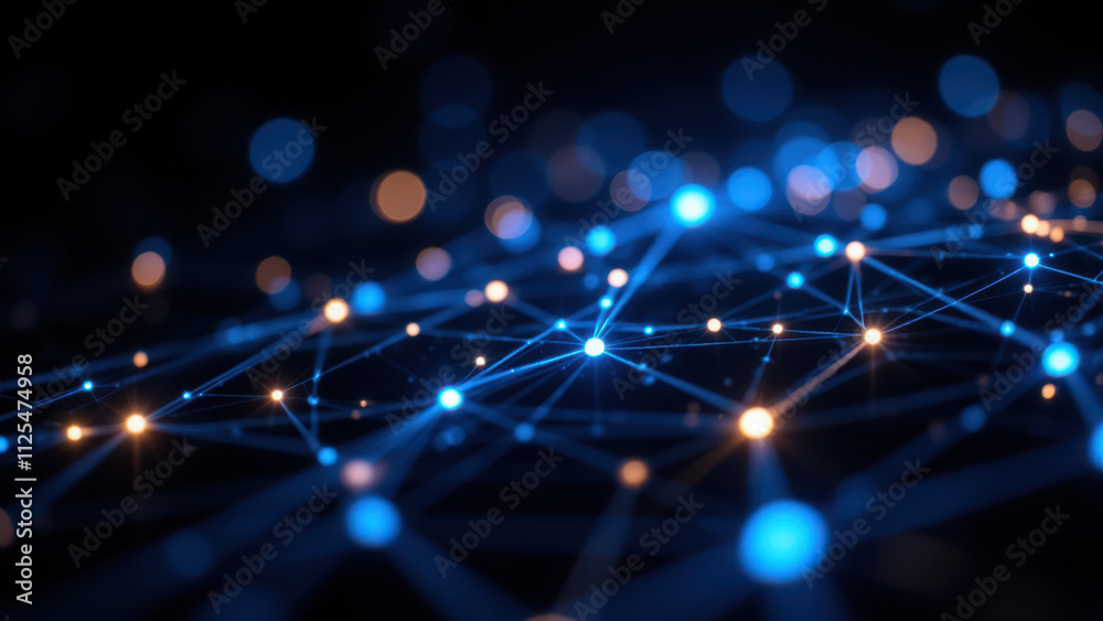 Wall mural Computer graphic illustration of a network with interconnected nodes representing the concept of Retrieval Augmented Generation (RAG).