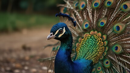 Obraz premium Close-up of a peacock with vibrant plumage displaying its beautiful iridescent feathers and colorful tail.