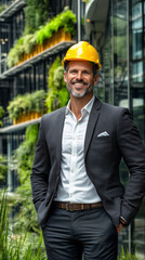 Smiling engineer wearing yellow helmet and standing next to green building