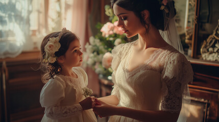 Fototapeta premium Bride in Vintage Gown with Sibling Celebrating Family Bonds