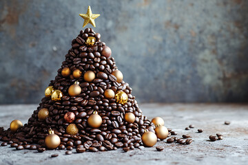 A creative Christmas tree made entirely of coffee beans arranged in the shape of a festive pyramid, decorated with gold ornaments and set against a neutral or festive background


