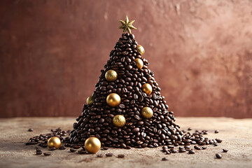 A creative Christmas tree made entirely of coffee beans arranged in the shape of a festive pyramid, decorated with gold ornaments and set against a neutral or festive background


