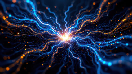 Abstract digital art with blue and orange lightning-like patterns representing a neural network or data flow, indicative of AI technology like RAG (Retrieval Augmented Generation).