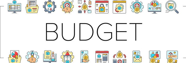 planning budget finance income icons set vector. investment cashflow, management optimization, prioritization tracking planning budget finance income color line illustrations