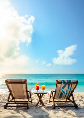 Two lounge chairs on the beach with a small table between them with fruity drinks and umbrellas in front of the ocean with a sandy beach and water and palm trees umbrellas sun on vacation honeymoon