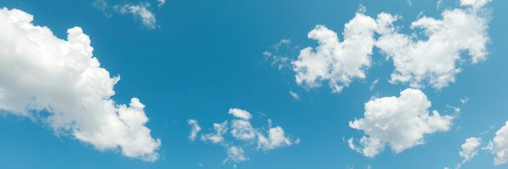 Obraz premium Fluffy white clouds against a bright blue sky, background