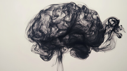 Fototapeta premium Abstract illustration of a human brain depicted in swirling black smoke, symbolizing thought and creativity. Enigma. Illustration