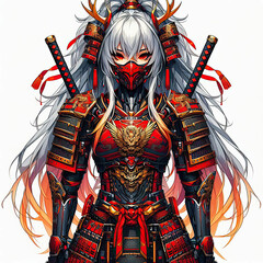Fototapeta premium female samurai with long silver hair wearing red futuristic armor decorated with dragon motifs