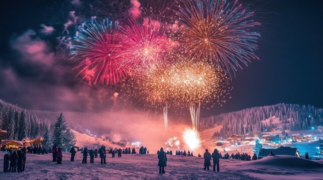 Festive fireworks display over snowy mountain village at night.