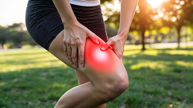 Woman in sportswear holds her leg in a park, massaging a sore thigh muscle with a red highlighted pain area. The scene captures the struggle of managing workout-related discomfort