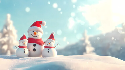 Fototapeta premium Christmas Card Design: Snowmen Family and Winter Background