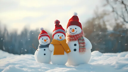 Holiday Cheer: Snowmen Family in a Snowy Winter Scene with Copy-Space