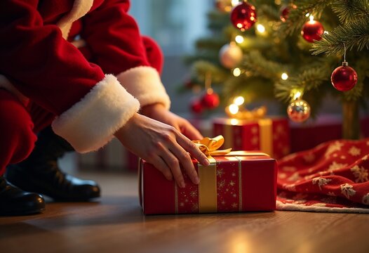 Festive Scene of Santa Placing Gifts Beneath a Christmas Tree on Christmas Eve in a cozy home interior