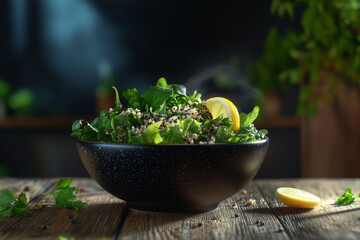 Fresh salad with greens and quinoa on a rustic wooden table with lemon slices