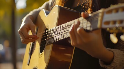 Woman playing acoustic guitar with finger catching