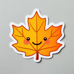 Adorable cartoon maple leaf sticker with a cheerful smile and cute rosy cheeks on a light gray background.