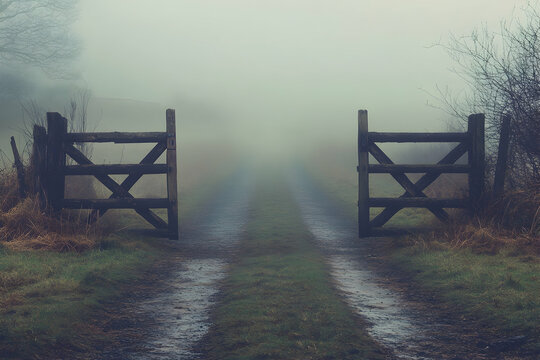 Rustic gate opening to an endless road, leading into a misty void - Powered by Adobe